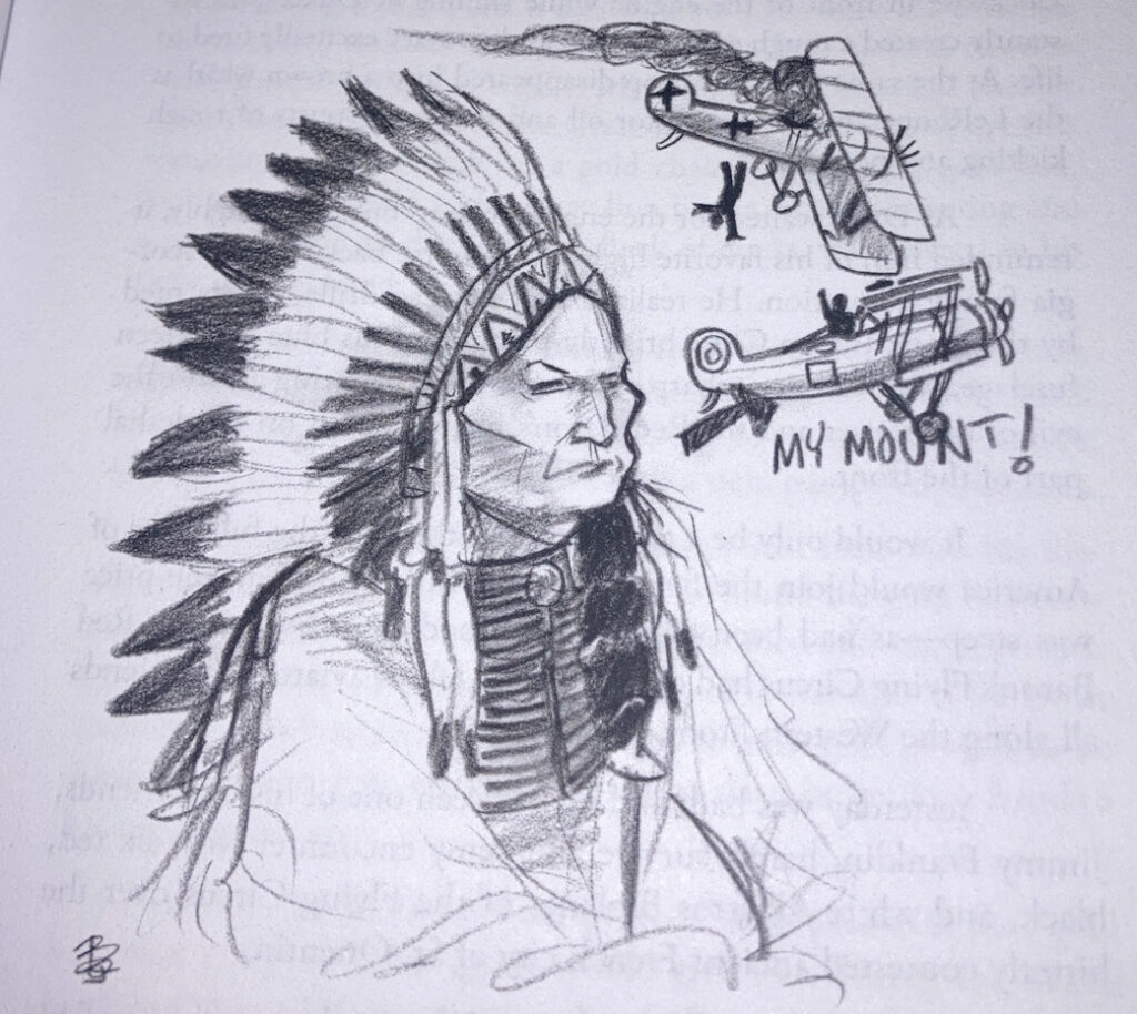 Illustration of Chief Sitting Bull and WWI aircraft by Brandon Delles